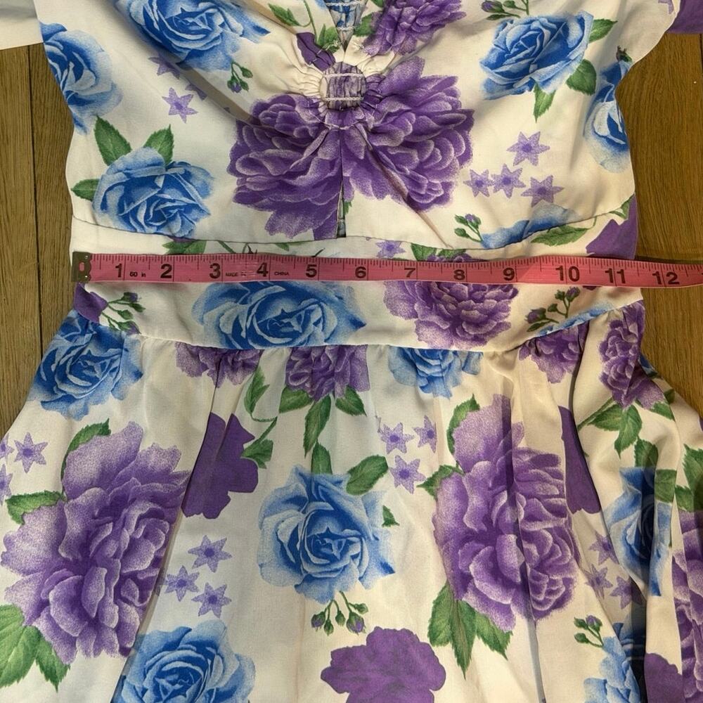 Y&M Floral Maxi Dress Womens S/M Blue Purple Roses Smocked Keyhole Puff Sleeve - Picture 6 of 8